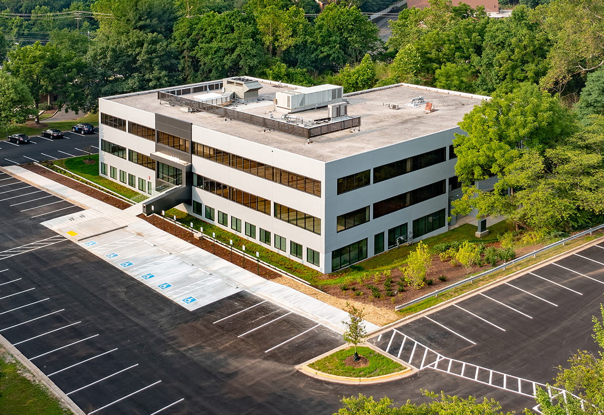 Research and office building at 1450 Research Boulevard offering life sciences and biotech lab space in Rockville, Maryland
