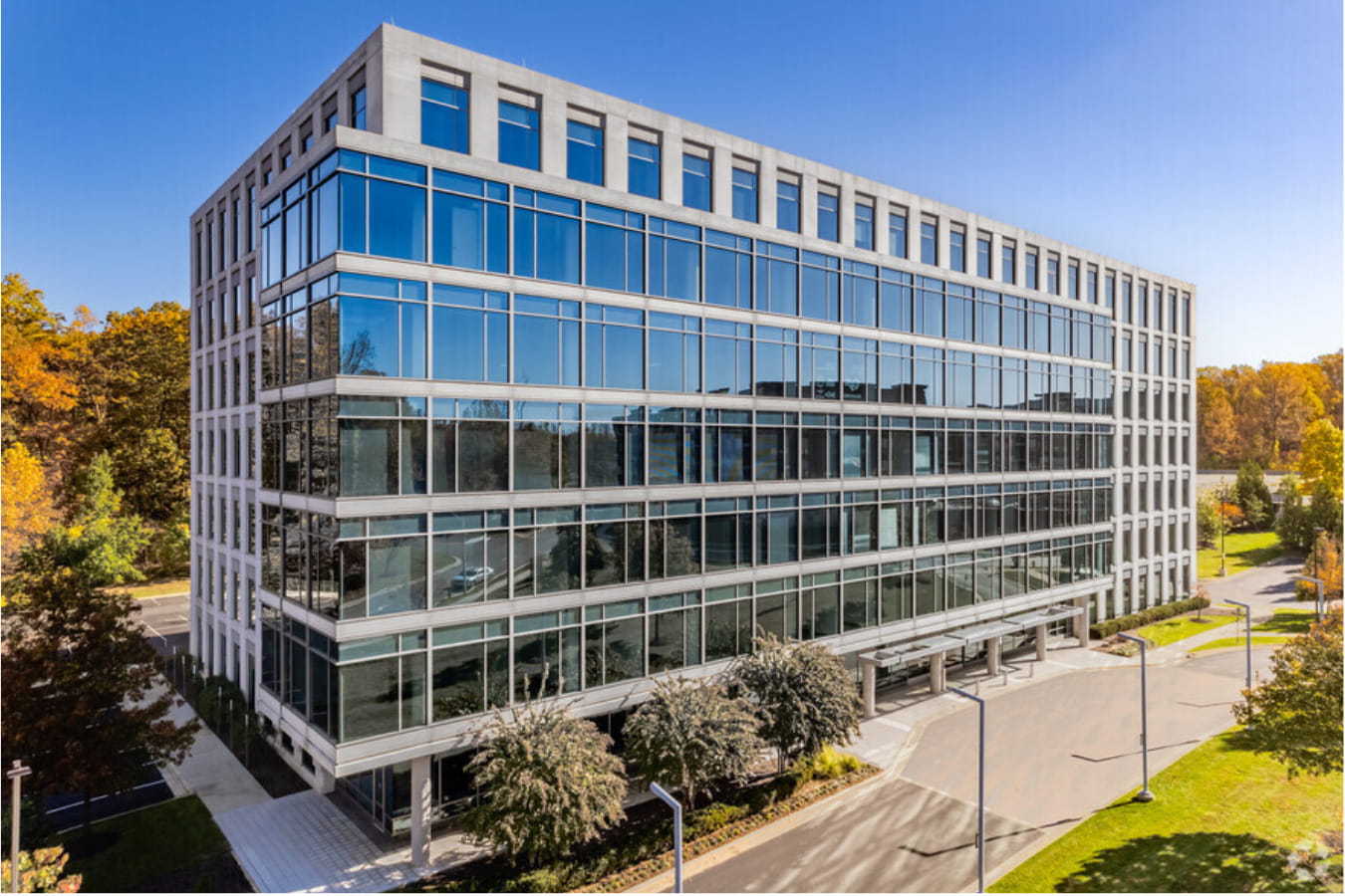 Modern glass office building at One Preserve in Rockville designed for life sciences companies and research facilities