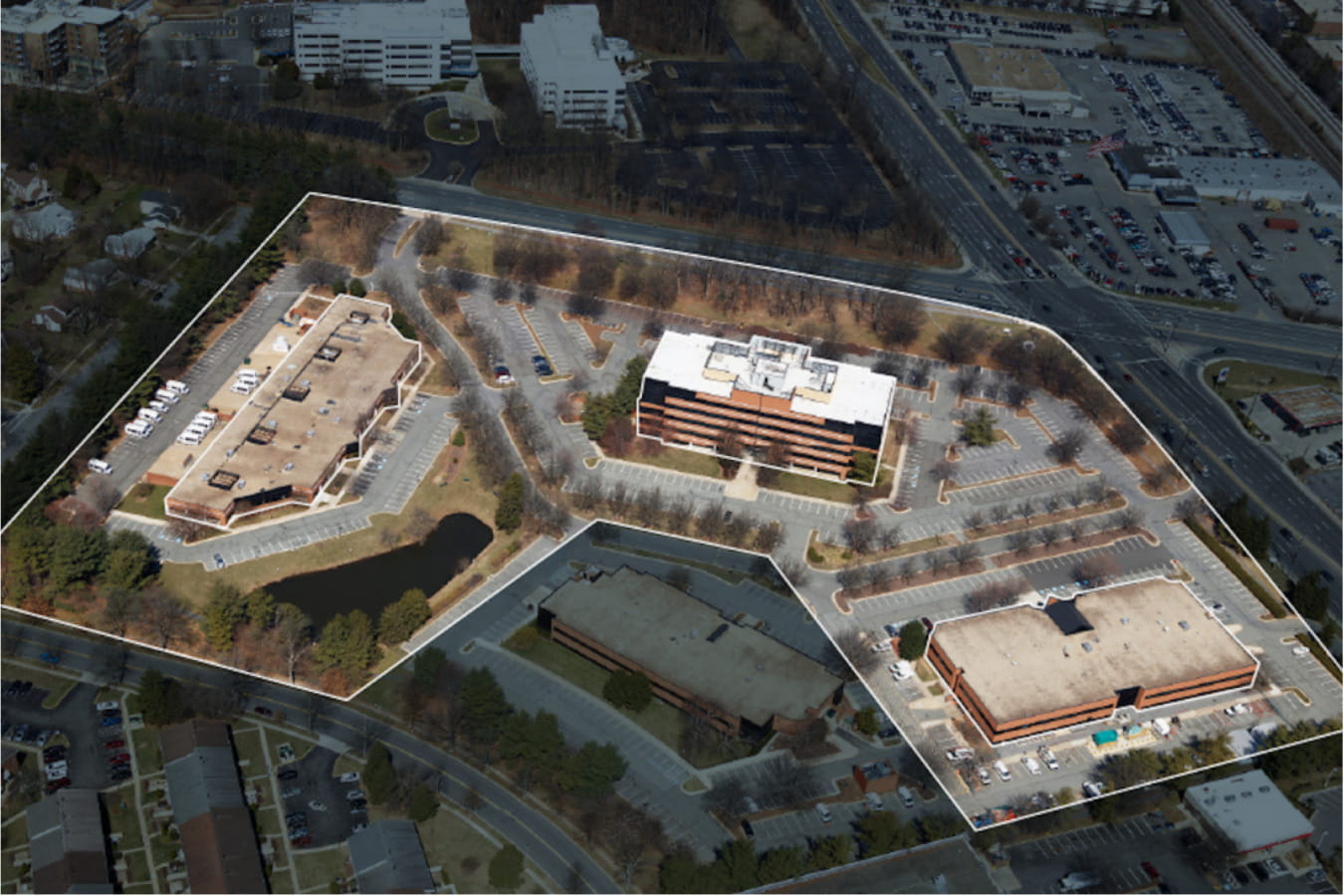 Aerial view of West Gude Labs office park offering biotech lab space and research facilities in Rockville
